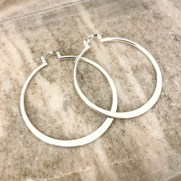 925 Sterling Silver Hoop Earrings Large Silver Hoops Modern Earrings - Picture 2 of 4